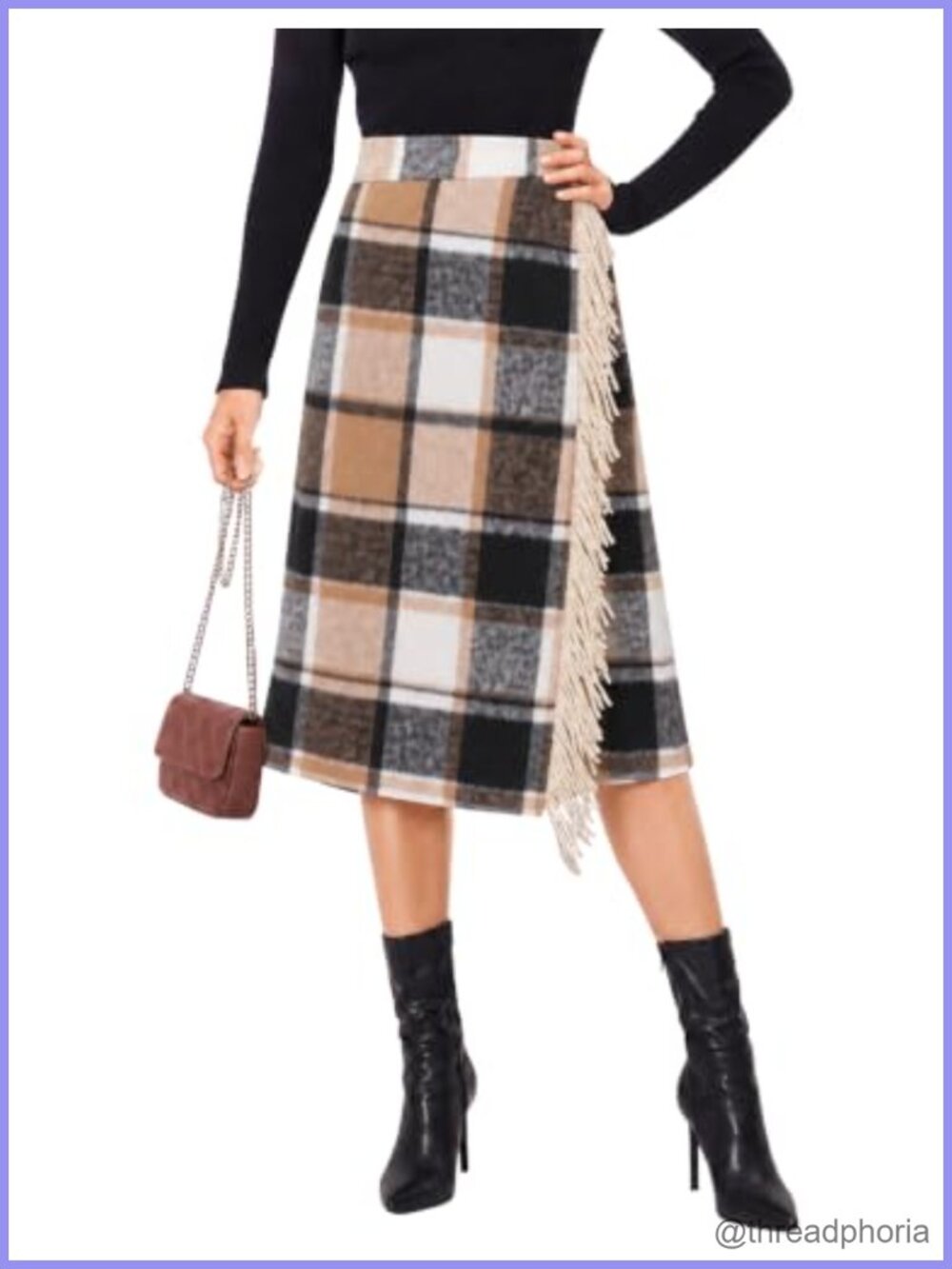 Plaid Wrap Midi Skirt A-Line Fringe Wool Blend